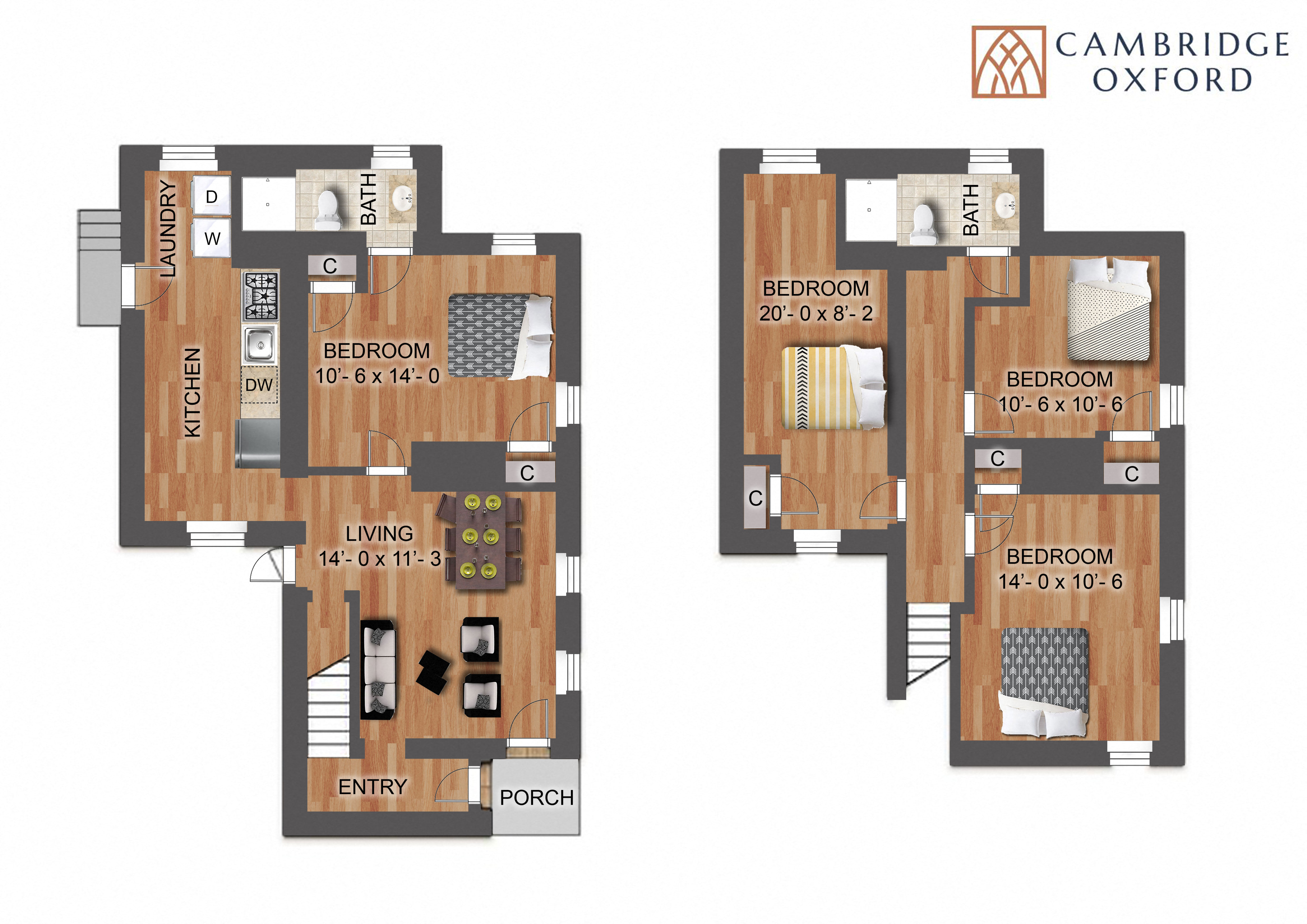 Floor plan for 4 beds, 2 baths, 1900 sqft